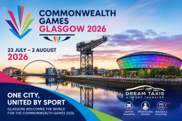 Dream Taxis airport transfer service in Glasgow with luxury vehicle and Scotland sporting event travel transportation